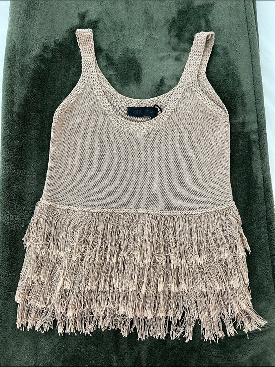 Zara Tops - ZARA Small Taupe Beige Fringe Knit Tank Top